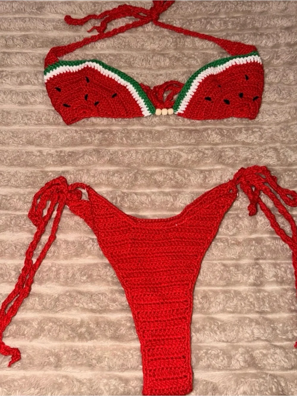 Red Watermelon Crochet Bikini Set - Women's Tie Side Swimwear